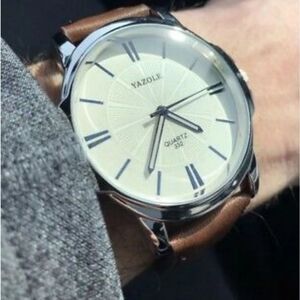Yazole 332 Luxury Men's Business Quartz‎ Watch Brown Leather Band 3 Hands Silver